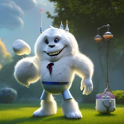 pixar style, volumetric summer garden environment and background, realistic painting of a marshmallow man, with bermuda pants and shoes, smiling, looking excited, detailed digital painting, extreme dense and fine fur, anime, ornate, colour-washed colors, elegant, small minutiae, tiny features, particulars, centered, smooth, sharp focus, renderman gofur render, 8k, uhd, detailed eyes, realistic shaded volumetric lighting, sunlight caustics, backlight, centered camera view