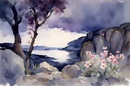 Night, clouds, flowers, rocks, trees, distant mountains, spring, sci-fi, fantasy, john singer sargent watercolor paintings