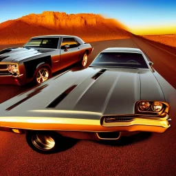 muscle car, married couple driving, desert road, sunset, full colour,