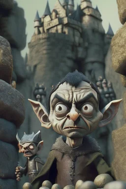 mr bean as goblin kid among other goblins in stone castle, 4 k, trending art, depth of field