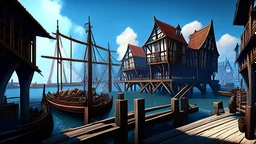 gothic medieval wooden harbour with piers and ships, people, shops, bridges, arches, balconies, taverns, blue sky, photorealistic