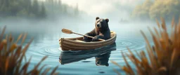 airbrush 3d rendering, bear in life boat in lake, business logo