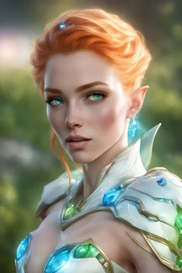 female elf, high cheekbones, white high tech armor, armor on jaw, armor on neck, glowing blue crystal in the center of the armor, laying horizontal at grassfield, single character, bright red hair, green eyes, photorealistic, realism, realistic, cybernetic jaw, bokeh, right hand trying to grasp to the sky, shot from top view