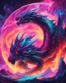 Dragon in a vibrant synthwave dreamscape, neon chaos swirling energetically around pixelated forms, a dynamic fusion of retro gaming nostalgia and futuristic abstraction