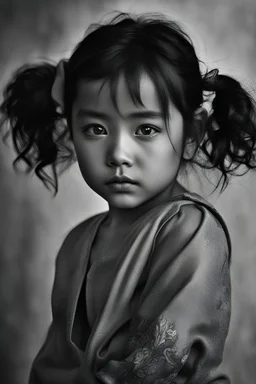 (high resolution) (portrait), (little latino Asian girl), (harsh light), (intense shadows), (contrasting tones), (close-up), (edgy expression), ((emphasized features)), striking eyes, (unique angle), (bold composition), (intense mood), ((contoured features)), (strong personality), (realistic skin texture), (professional photography), (edgy fashion), (creative makeup), ((intense gaze)), (fierce beauty), (sharp details), ((fashion model)), ((high cheekbones)), (dark brown eyes)