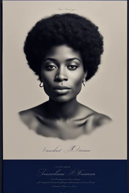 An extremely formal, funeral program written in French for a black woman (include a front photograph of a beautiful lightly tanned biracial black woman) on darkest blue deeply pigmented velvet paper with brilliant, brightest heavy bright shining platinum calligraphy fonts, simple, minimalistic, less element, very dramatic lighting