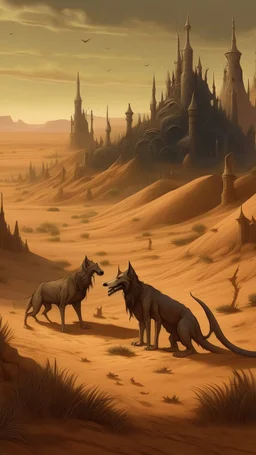 wolfs in the forgotten desert in medieval times, in bosch nightmares style