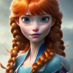 girl, cute, beautiful, orange hair, two braids, bangs, blue eyes, big eyes, freckles, long eyelashes, pink lipstick, thin lips, small nose, Anna from Frozen, 8k resolution concept art portrait by Greg Rutkowski