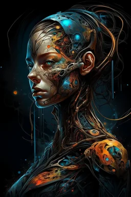 complex and intricate, of a swordswoman lost in a rift of worlds, where she breaks the barriers of worlds, space-time reality effect style, glowing black coloring marking the depth and existing darkness , striking and deep colors to mark the rift, deep lines, heavy strokes while maintaining a perfect symmetry of body proportions, light background colored by strokes in the style of alberto seveso