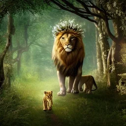 Chronicles of Narnia, young girl and majestic lion on wooded forest path, girl wearing flower crown, 8k resolution, high-quality, fine-detail, iridescent, intricate, digital art, detailed matte, volumetric lighting, beautiful, illustration, 3D octane render, brian froud, howard lyon, selina french, anna dittmann, annie stokes, lisa parker, greg rutowski,