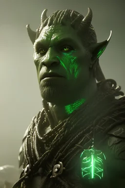 Photoreal close-up of menacing green-skin orc warlock warrior in intricate tunic with lightning bursting in the misty forest at night forgotten realms fantasy style by lee jeffries, 8k, high detail, smooth render, unreal engine 5, cinema 4d, HDR, dust effect, vivid colors