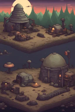 A pixel art environement for a video game. A alien camp on earth, after the invasion.