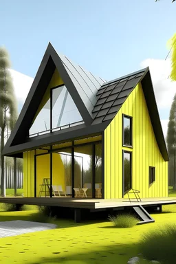 a frame house, minimal, yellow, white and black. cold wood and solar panel