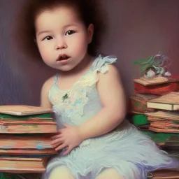 Smart biracial baby girl on pile of books by Monet