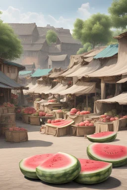 A market place with several watermelon stalls, houses in the background, no people