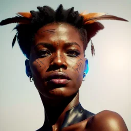 A beautiful portrait of a cyberpunk cyborg black tribal woman with lot's of grain on her skin and big tribal tatoos all over the skin, blue eyes, with natural hair floating in the wind cyborg smiling facing camera orange color scheme, high key lighting, volumetric light high details with white stripes and feathers unreal 5, octane render, cinema4d, dynamic lighting, dramatic lighting, 4k, redshift render, highly detailed, hyper realistic