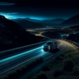 night time, a beautiful car on a mountain road, a glowing city in the distance, photo quality