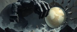 epic fantasy illustration, black giant throwing pushing marble stone ball sculpture into wall