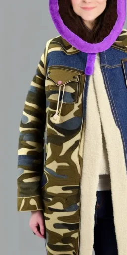 Image shows wholly a Brunette. average body type. Mantle is sewed of recycled Denim and sewed together of camouflage pieces. Camouflage colors are orange,terracotta, cream and purple. Cream latex gaiter. Big bright purple/khaki felt tippet and cream or blue or lilac colored-hood. mantle is merged with satchel. . AKG-style headphones (gold rings!) is merged with small felt cap with small visor. Style: Haute Couture in 1936, Paris fashion in 2023, inspired by street art.