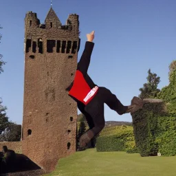 man falling from castle