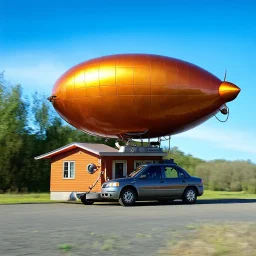 award winning photograph of a steampunk house-fly ufo dirigible designed by only one vehicle per image painted metallic orange traveling at a high rate of speed, jet intake off of front center of vehicle and jet exhaust out the rear bilaterally symetrical,