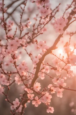 Plum blossoms, light pink, sunset light, f/1.8, 35mm, Canon DSRL 5 Lens, cinematic lightning