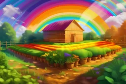 Vector. Illustration. realistic, Digital painting. small english greenhouse in vegetable garden, raised vegetable beds, single typical rainbow in sky