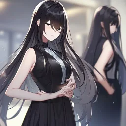 Clear focus,8k,Beatiful Lighting,Beatiful Blur,Beatiful Face,Beatiful Shading,Black long hair,silky hair, long silky bangs, black eyes, wearing a detailed outfit outfit,must wear a short black skirt, Hair in eyes, lot of hair,One arm is sleeveless,