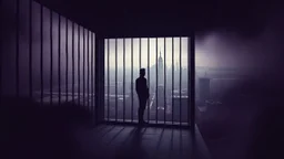inner stands a human figure alone in an cube like cage with dense bars , in outside around in the distance big landscape with big city and many fade human figures in the city, dark purple, gray, black, white, brown. Whimsical style and surreal vibe, lonely with neuron network background, surreal stunning vibe