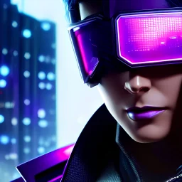 Naile Lopez as a cyberpunk hacker, purple mask, black hair, purple eyes, purple eyeshadow, black eyeliner, intense, post-apocalyptic background, head and shoulders portrait, 8k resolution concept art portrait by Greg Rutkowski, Artgerm, WLOP, Alphonse Mucha dynamic lighting, hyperdetailed, intricately detailed, Splash art trending on Artstation