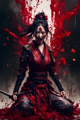 Tall girl samurai, face distorted with pain, screaming, tears streaming from eyes, siting pose, fullbody, splashes blood, behind guts rising from the ground, intricate, darkred tones, macro photography,