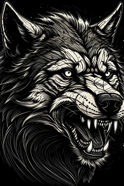 "Generate an AI line art of a 'Brutal Wolf' in a half-body shot. Depict the wolf with fierce and rugged features, emphasizing its strength and intensity. Use bold lines and sharp details to create a commanding and powerful portrayal of this iconic creature."
