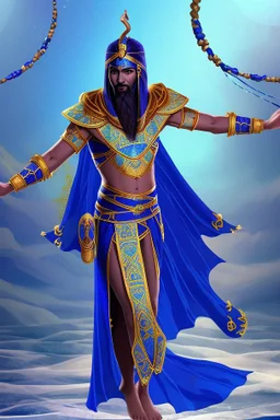 [ancien Egypt, real photography] Clad in a robe of deep cobalt blue, Akkiru's attire seemed to meld seamlessly with the boundless expanse around him. The fabric, adorned with motifs that echoed the rhythmic dance of waves, flowed gracefully in the wind. As he gripped the ship's ornate railing, his fingers - calloused by the duties of leadership - clung with a practiced firmness, a testament to his unwavering grip on the helm of his people's destiny.