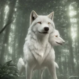 three white wolves, gorgeous, clean art , fantasy, lanterns, glow, forest, 4k, insane details, highly detailed, hyper-detailed, beautifully color-coded, insane details, intricate details, beautifully color graded, Cinematic, Color Grading, Editorial Photography, Depth of Field, DOF, Tilt Blur, White Balance, 32k, Super-Resolution, Megapixel, ProPhoto RGB, VR, Half rear Lighting, Backlight, non photorealistic rendering