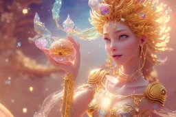 very beautiful crystal and gold goddess in a galactic ambiance, nice smiling, transparent petals, delicate colors, full of details, smooth, bright sunshine，soft light atmosphere, light effect，vaporwave colorful, concept art, smooth, extremely sharp detail, finely tuned detail, ultra high definition, 8 k, unreal engine 5, ultra sharp focus