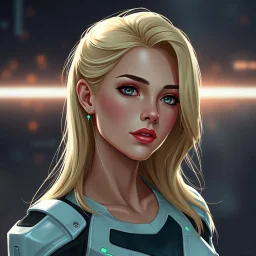 a pretty woman, blonde hair, futuristic, contemplative, digital art, stylised