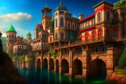 medieval buildings with balconies overhanging lake edge with blue sky and people, photorealism detailed matte painting, deep colour, fantastical, intricate detail, splash screen, complementary colours, fantasy concept art