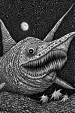 Moth / shark hybrid in the style of "Berserk" manga. B/w.
