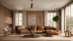 Home interior mock-up with brown leather sofa, table and decor in living room, 3d render