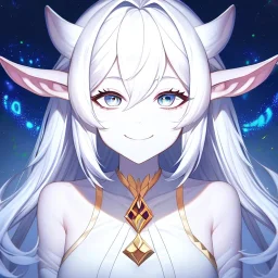 cosmic mage, elf, female, cosmic magic, long ears, white hair, face details, pale skin, jewellery, broad shoulders, sharp ears, cosmic clothes, cosmic eyes, ears shown, the cosmos in eyes, shining eyes, thin face, detailed ears, magical eyes, closed mouth, make up, smiling face, happy face, pointy ears