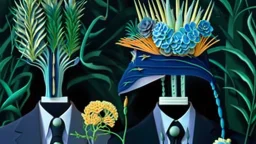 surreal couple in intricate formalwear and growing flowering plants on top of heads; constructivism