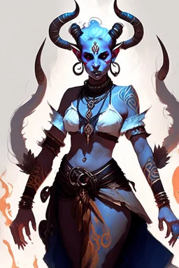 A full body image of this tiefling woman she has fire powers, she is floating she has lots of jewelry and the horns of a ram and also the horns of a gazelle, her outfit is white and her body is covered in tribal tattoos, she is about to attack