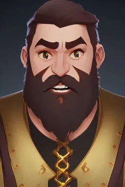 Medieval Fantasy Bearded strong man wearing a thick fur-lined merchant's coat, wearing gold rings, divine, halo, happy smiling, portrait, high definition, realistic, long hair, dynamic lighting, volumetric lighting, mustache