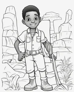 coloring page, depicting a black boy as a Archaeologist, full body, outline, black and white, highly defined, white background, empty background, cartoon style, coloring book style