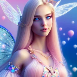  beautiful, soft, whide smile face,whole head, long blonde straight hair, blue eyes, fairy wings on the back, transparent crystal blue and pink clothes, background blue and pink, big definition, 8K