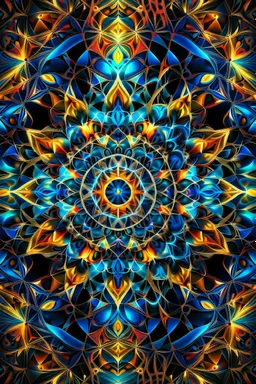 A mesmerizing digital artwork in fractal style, vibrant and abstract, showcasing a kaleidoscope of colors and intricate geometric patterns intertwined with organic shapes. The composition is symmetrical, with a focal point at the center, radiating energy and complexity. The colors range from bold and contrasting to subtle gradients, creating a sense of movement and depth. The image is detailed and precise, capturing the infinite complexity of fractal mathematics. The medium used is digital, allo