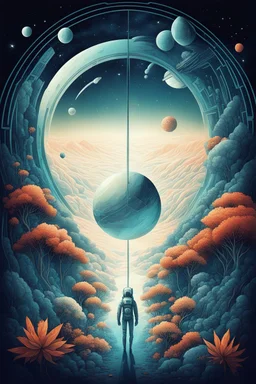 An illustration that evokes space travel, exploration and the harmony between technology and nature, all in a Neo-Art style.