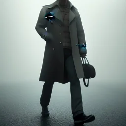 a man wearing a trench coat and hat walking down the street of london, lots of fog, dramatic, dramatic lighting, volumetric lighting, hyperrealism, 8k, high quality, photorealistic, lot of details