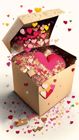 Open box stuffed with love letters, hearts, heart confetti, love explosion, art, drawing, very realistic, detailed, vibrant colors.