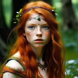 pretty girl, aged 19, ginger, conventionally attractive, dreamy, faun, satyr, tribal